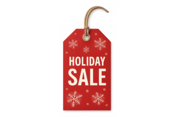 Red holiday sale tag hanging with snowflakes on transparent background