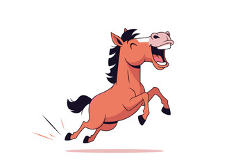 A cheerful horse jumps with joy and laughs out loud