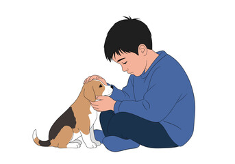 A young boy bonding with his small energetic dog on a white background