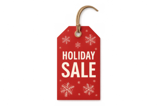 Red holiday sale tag hanging with snowflakes on transparent background