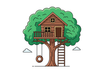 Cozy wooden treehouse with swings and ladder nestled in a lush green tree