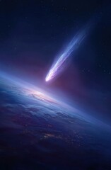 A luminous comet streaks across the inky black void, with Earth's silhouette below, bathed in the cosmic glow.