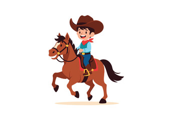 Happy young cowboy riding a brown horse on a white background