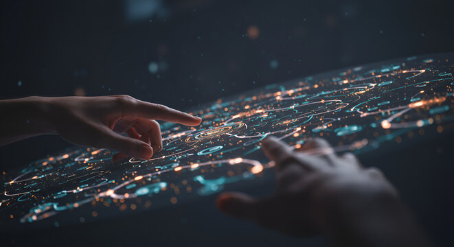 Hands of a user interacting with a futuristic digital interface, manipulating a complex and glowing data stream of interconnected information points