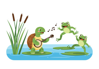 A cheerful turtle plays music for dancing frogs by the pond