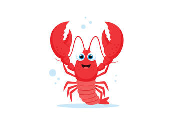 Adorable cartoon lobster with big claws and wide smile waving