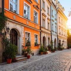 Fototapeta premium Colorful Row Houses on Cobblestone Street at Sunset