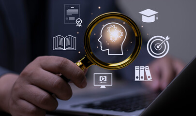 Professional business person analyzing personal development and knowledge growth with a magnifying glass. Concept of education, career success, and self-improvement.