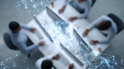 Top view of software engineers working on computers in a modern office, developing a cutting edge ai solution represented by a glowing digital network