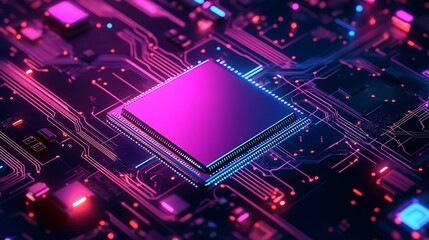 A vibrant cpu chip on a circuit board illuminated with neon lights, highlighting the complexity and advancement of computer hardware