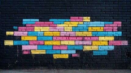 Colorful Brick Wall Graffiti Mural on Dark Surface