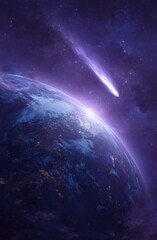A vibrant celestial view showcases a planet, enveloped by starry depths, with a prominent comet streaking across the cosmos.
