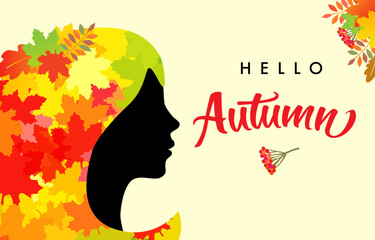 Hello Autumn creative greeting card with young lady's face and autumn leaves