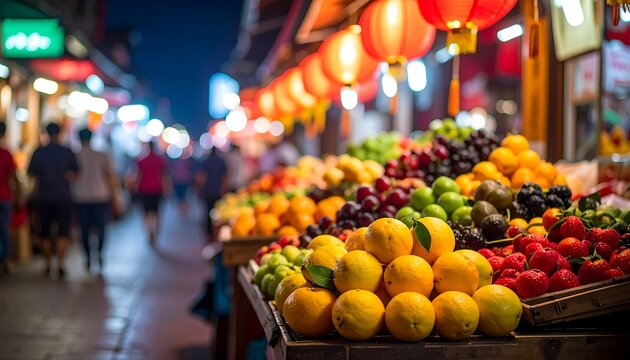 Night market fruit stall with blurred people