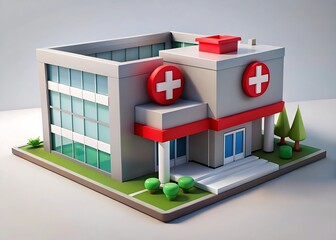 Modern cartoon hospital building with red cross symbols
