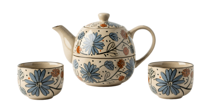 Hand-painted Ceramic Teapot and Two Cups with Blue and Orange Floral Pattern.