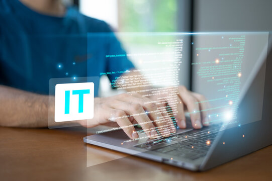 An IT programmer is working remote at home, coding software, solving technical problems, and collaborating with global teams through digital platforms.