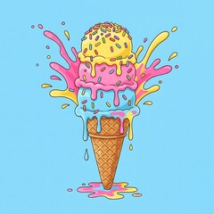 Colorful ice cream cone splashing with vibrant colors