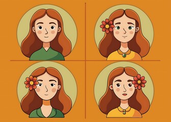 Four stylized portraits of a young woman with long red hair