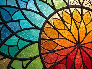 Vibrant circular stained glass pattern with teal and orange hues