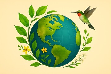 Hummingbird flies near a lush green earth surrounded by leaves