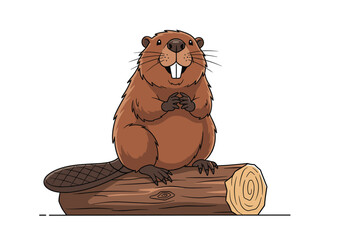 Happy cartoon beaver sitting on a log with a big smile