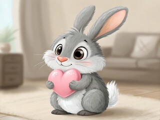 Cute gray bunny holding a pink heart in a cozy room