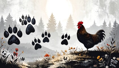 Rooster and paw prints in a misty forest