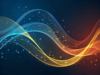 Abstract flowing waves of light and particles on dark background