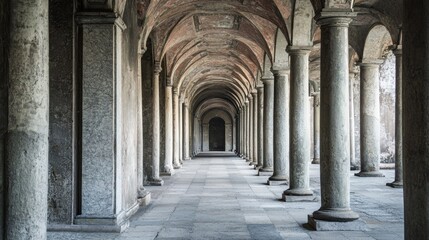 Naklejka premium A grand, stone corridor with arched ceilings and columns, leading to a door at the end.