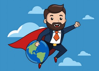 Superhero businessman flying with earth globe and red cape