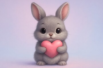 Adorable gray bunny holding a pink heart