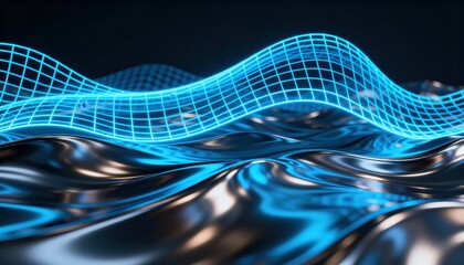 Abstract digital landscape of flowing metallic surface overlaid with a glowing blue grid.