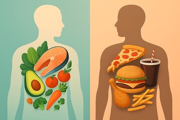 Healthy food versus unhealthy food inside human silhouettes