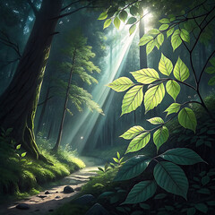 Magical rays of sunlight shining through vibrant green foliage in dark woods, Ai Generated 