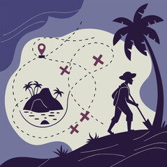 a pirate map adventure with treasures hidden under palm trees