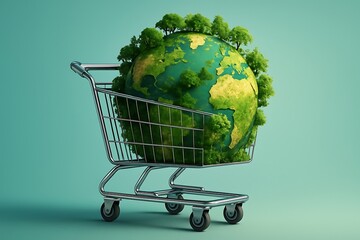 Earth covered in trees sits in a shopping cart symbolizing environmental consumption