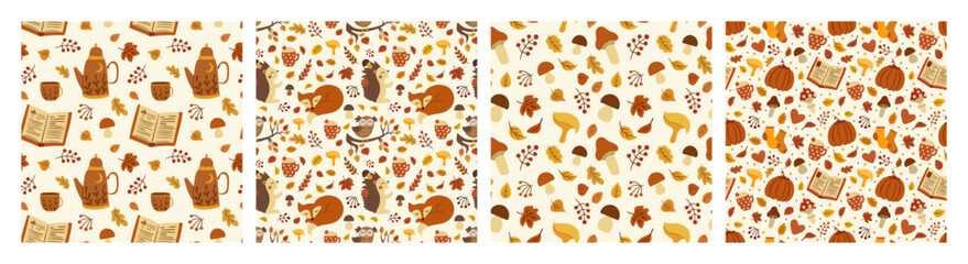 Autumn cozy cottagecore seamless pattern set
