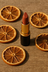 Flat lay of luxury lipstick with dried citrus slices on rustic wood background in natural warm light