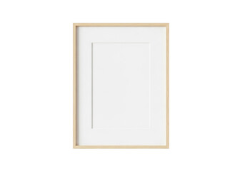 Rectangular light wood frame with white inner matte centered on a transparent wall, photorealistic, high-key lighting, ample copy space, concept for minimalist design mock-up