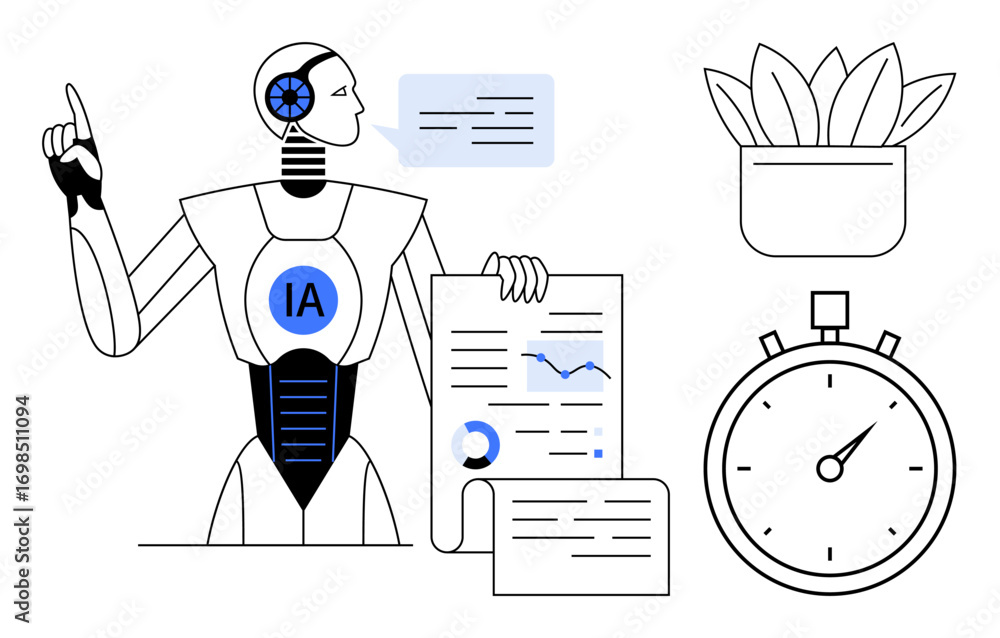Aufkleber ai robot presenting data charts and insights while holding documents, gesturing ideas, paired with s