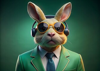 Cool rabbit wearing sunglasses and headphones in a green suit