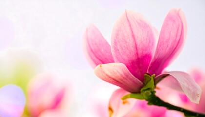 Close-up of a delicate pink magnolia blossom, soft focus bokeh background