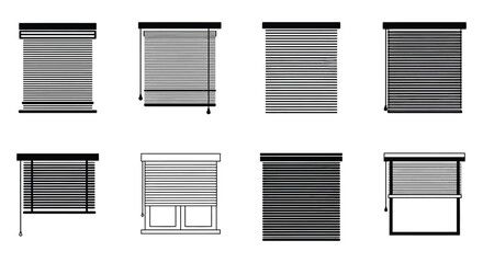 various styles of window blinds displayed in grid format