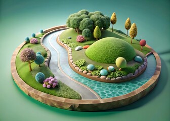 Whimsical miniature island landscape with winding river and lush greenery