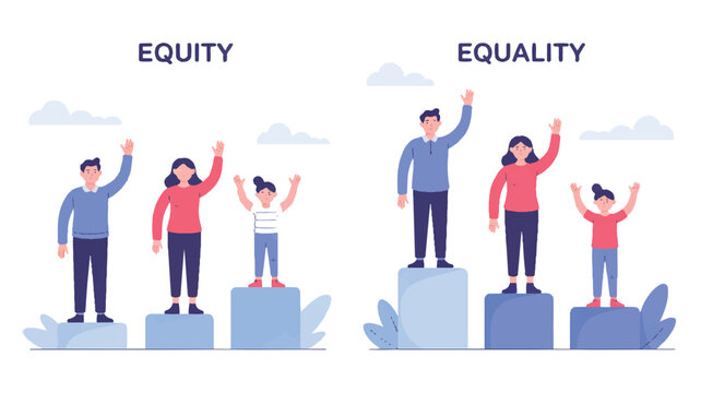 Vector art of equity vs equality illustration showing different height people on boxes