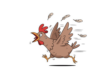 Cartoon chicken running fast with feathers flying in the air