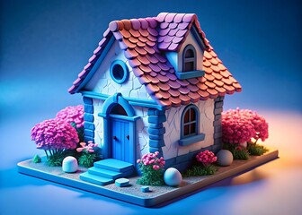 Whimsical miniature house with pink bushes and easter eggs