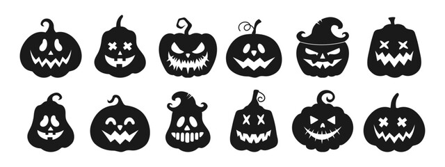 Fototapeta premium Halloween pumpkin vector set with 12 spooky jack-o’-lantern faces. Creepy carved pumpkins with scary and funny expressions. Perfect silhouettes for Halloween decorations, posters, banners, and holiday