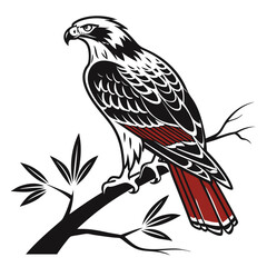 Fototapeta premium Stylized illustration of a hawk perched on a branch with red accents